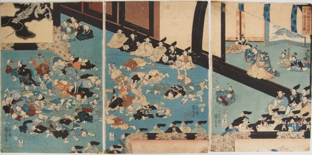 歌川国芳 源頼朝々大度諸士に賽ヲ蒔あたへゐふ圖